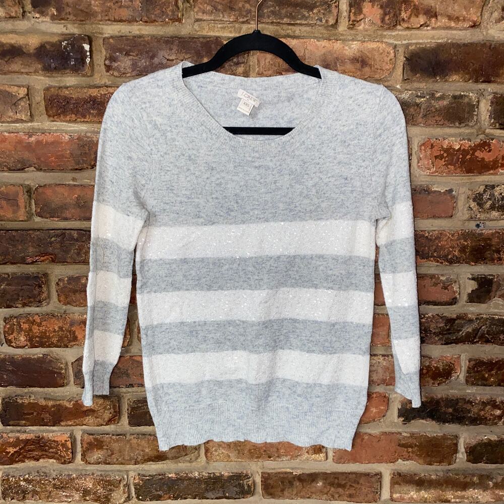 J. Crew Gray White Sparkle Stripe Merino Wool Pullover Sweater Women's Size XXS